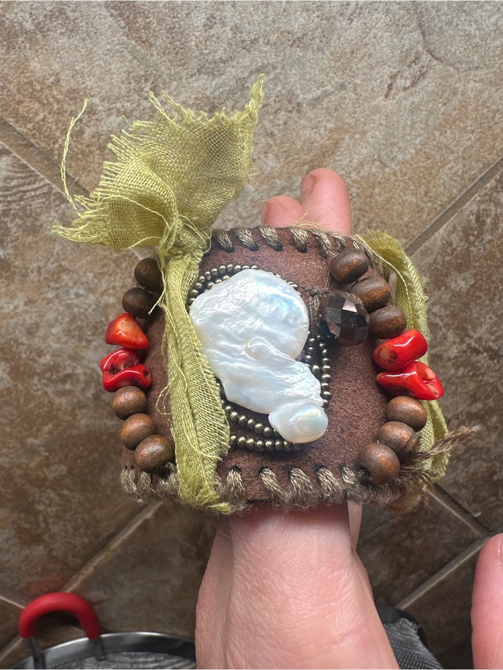 Vintage Handmade Boho Pearl & Wood Bead Cuff Bracelet in Olive and Red